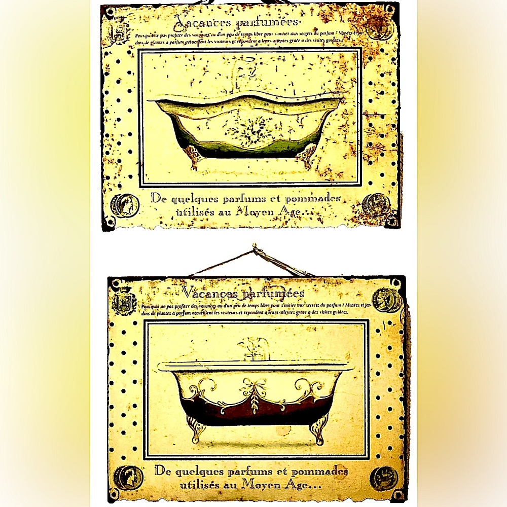 NWT Pair Wall Décor Rustic Tin French Fragrance Ad Signs with Antique Bathtubs